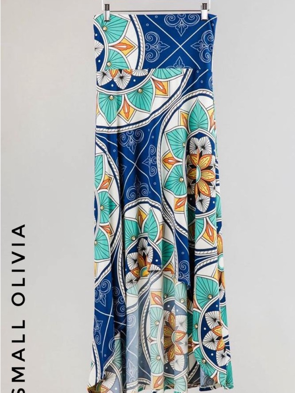 LuLaRoe Olivia Blue Teal & White High-Low Printed Skirt
